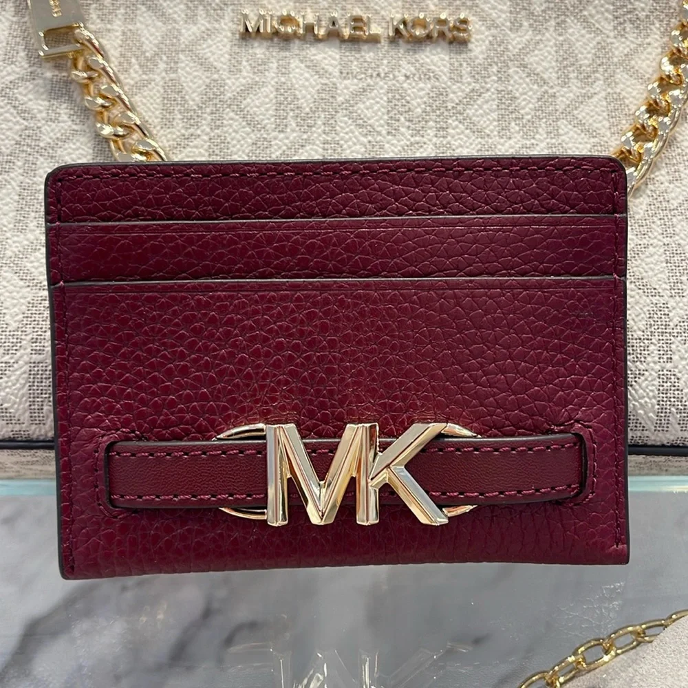 MICHAEL KORS Reed Large Pebbled Leather Card Holder Case Dark Cherry  NWT